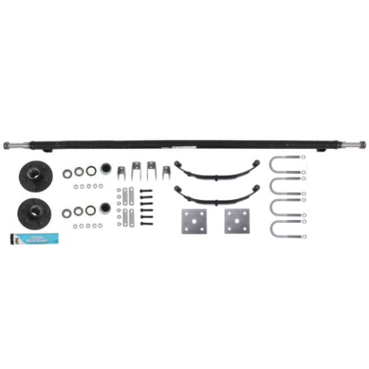 2000 lb Dexter Spring Trailer Axle Kit for DIY Teardrop Trailers - Flat Lay Photo of All Parts